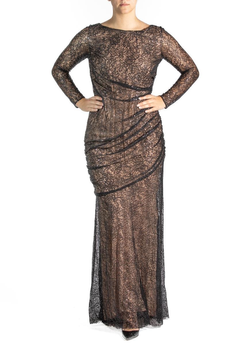 Women's 2000S Black & Nude Lace Sequined Gown Long Sleeve For Sale
