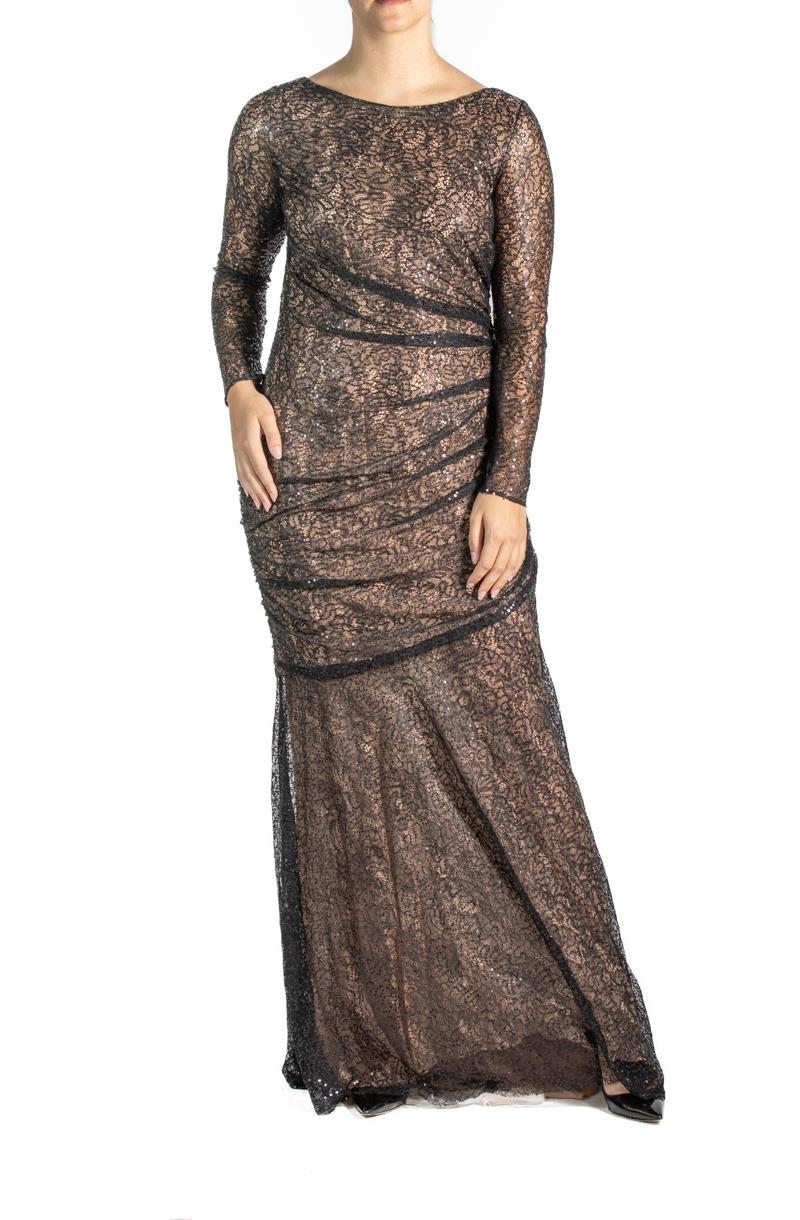 2000S Black & Nude Lace Sequined Gown Long Sleeve For Sale 1