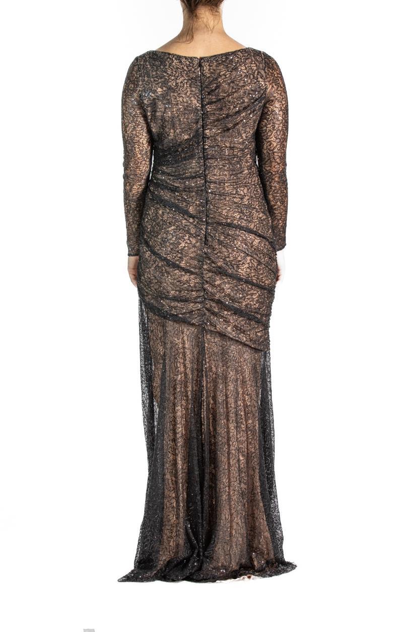 2000S Black & Nude Lace Sequined Gown Long Sleeve For Sale 2