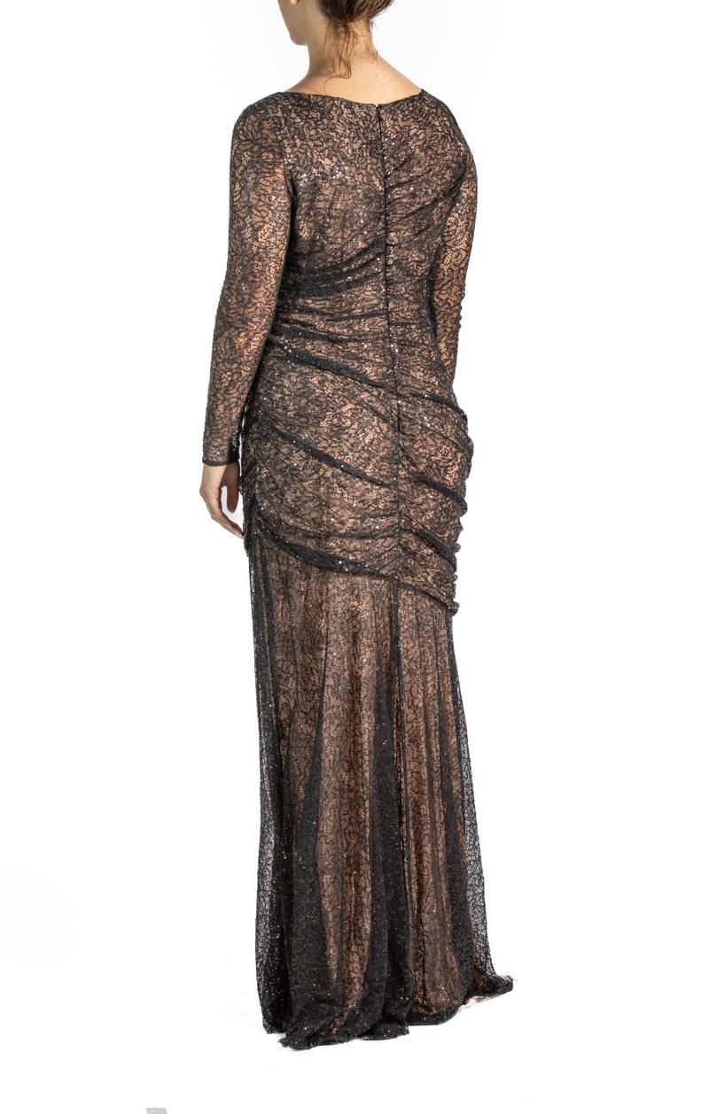 2000S Black & Nude Lace Sequined Gown Long Sleeve For Sale 3