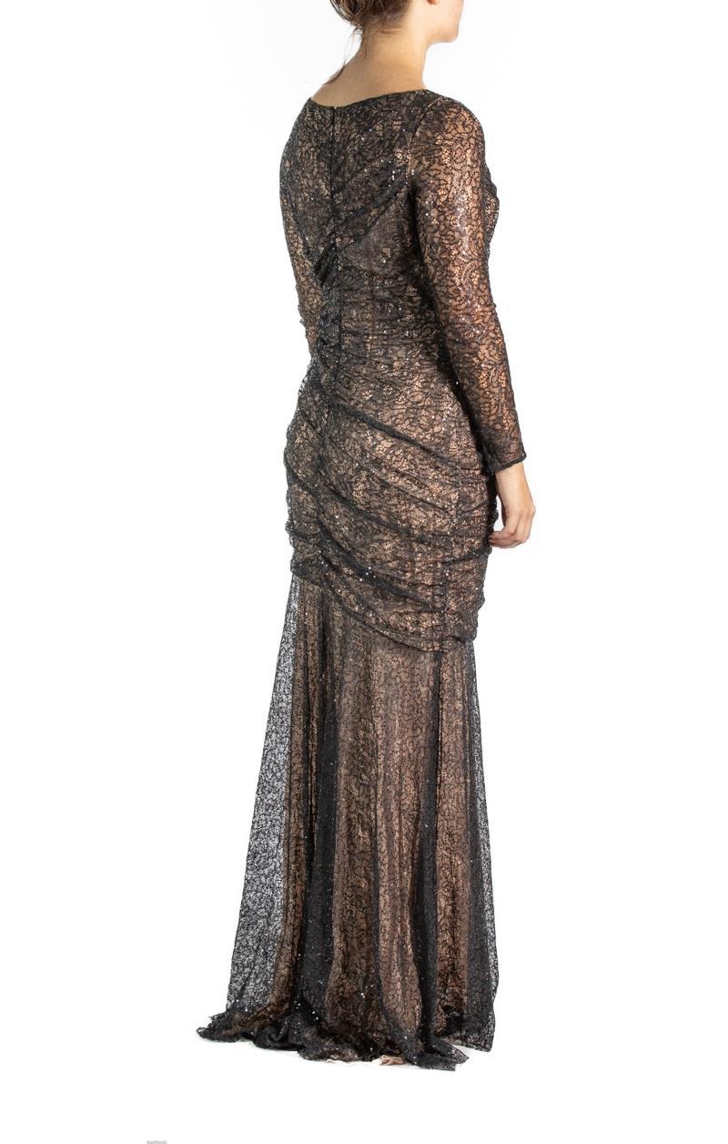 2000S Black & Nude Lace Sequined Gown Long Sleeve For Sale 4
