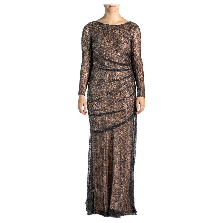 2000S Black and Nude Lace Sequined Gown Long Sleeve For Sale at 1stDibs 2000S Black and Nude Lace Sequined Gown Long Sleeve For Sale at 1stDibs