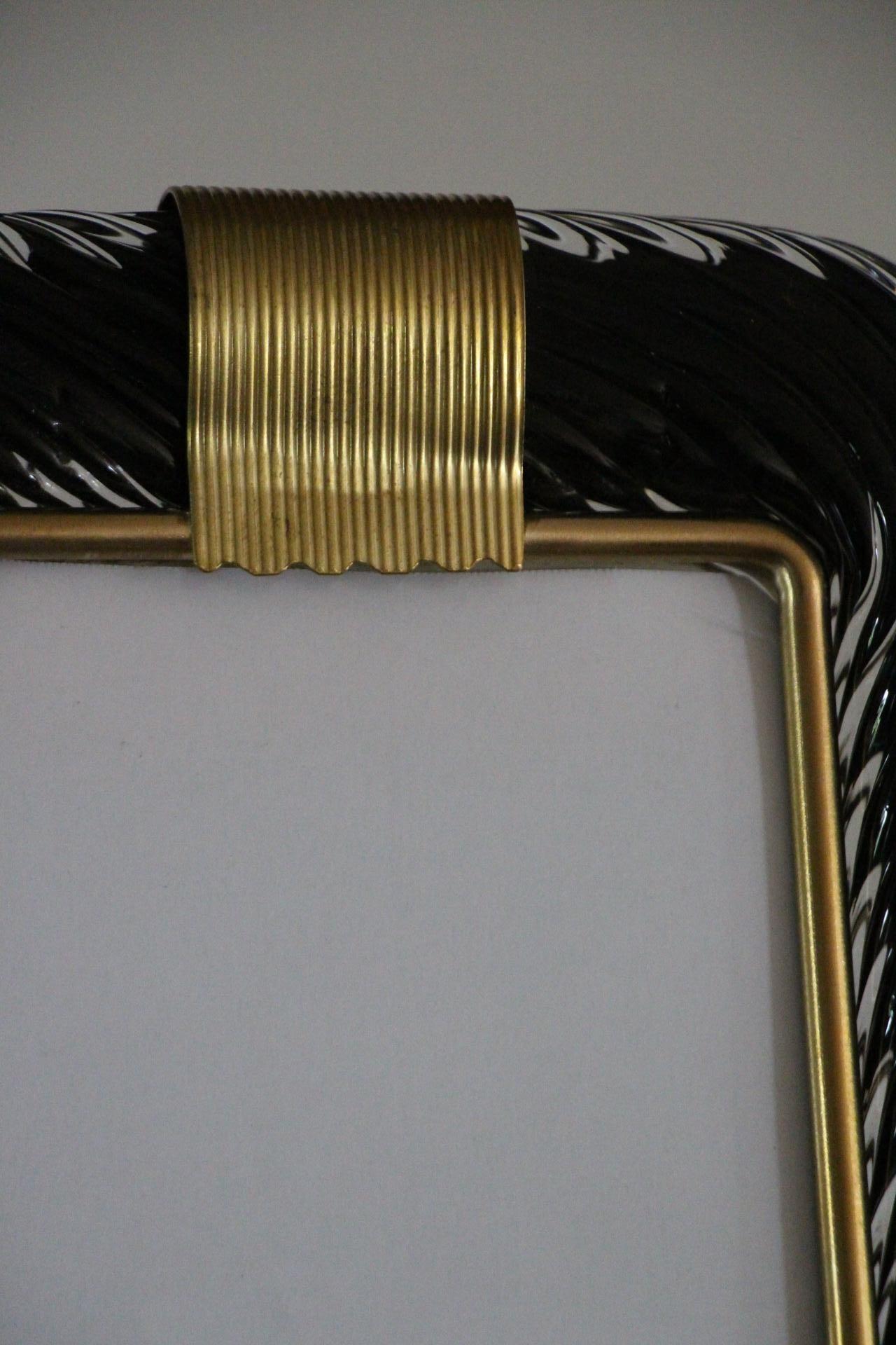 Italian 2000's Black Twisted Murano Glass and Brass Photo Frame by Barovier e Toso