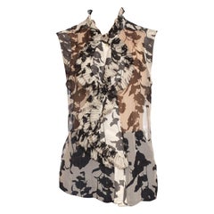 2000S Black & White Floral Silk Chiffon Ruffled Sleeveless Top