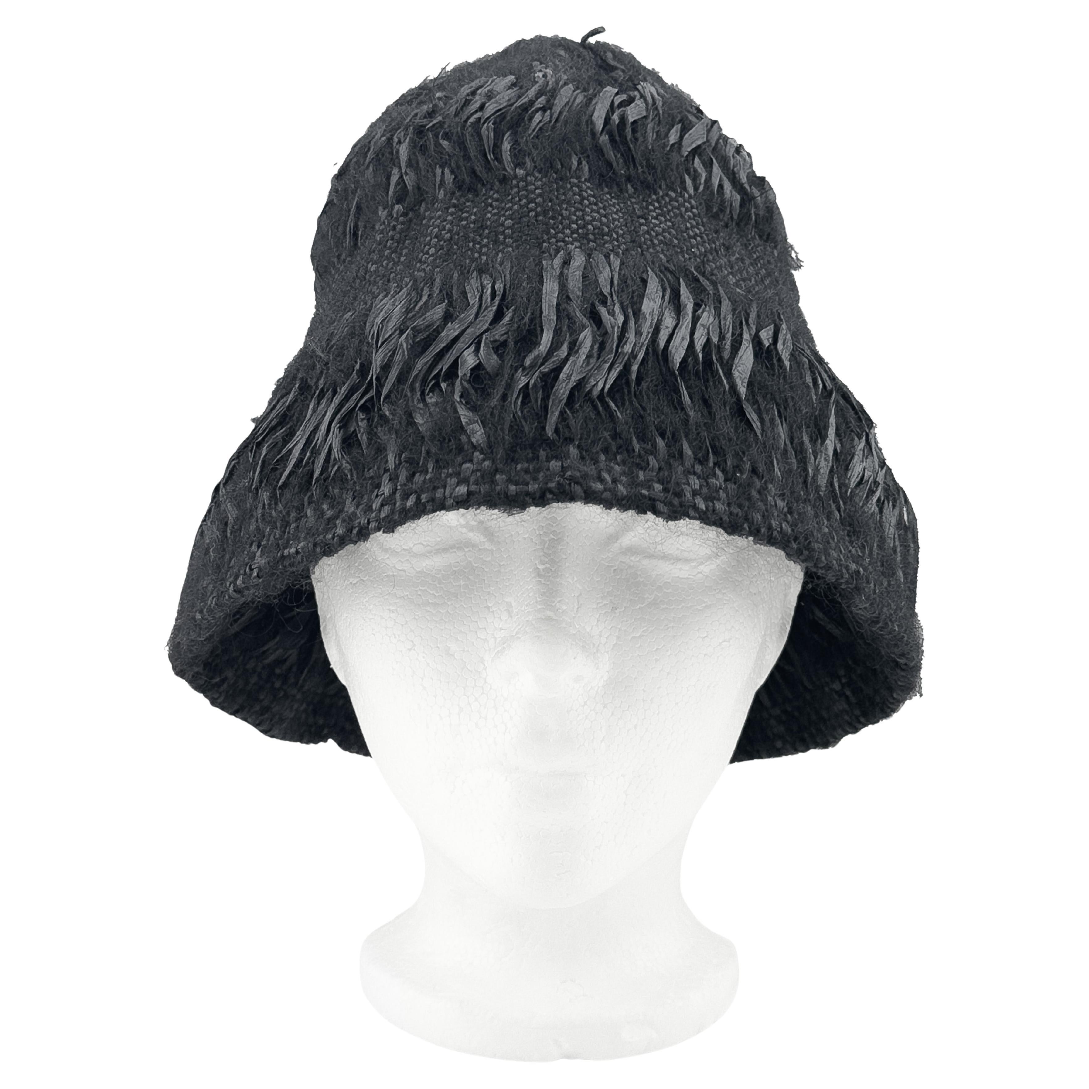 2000
s Black Wool and Raffia Hand Knit Hand Unique Pointed Cloche Cap For Sale