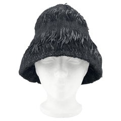 2000
s Black Wool and Raffia Hand Knit Hand Unique Pointed Cloche Cap