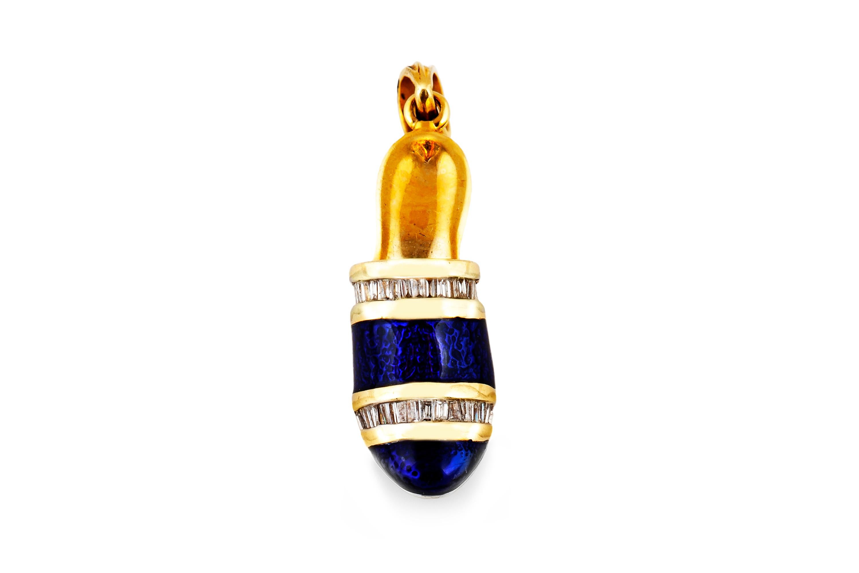 The pendant is finely crafted in 14k yellow gold with blue enamel and diamonds weighing approximately total of 0.30.
Circa 2000