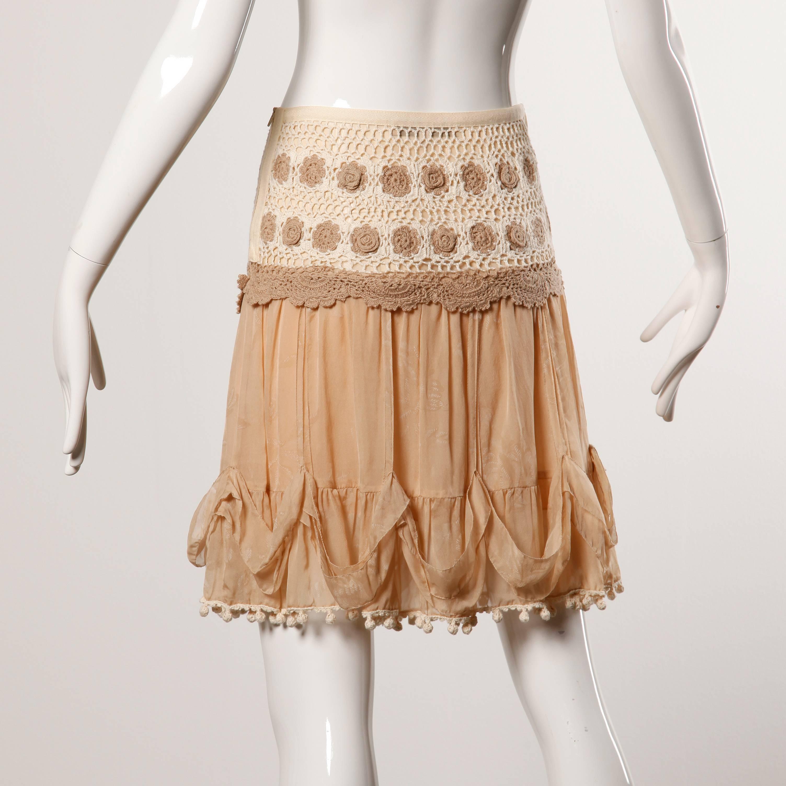 Women's 2000s Blumarine Nude Silk Skirt with Crochet + Pom Pom Detail For Sale