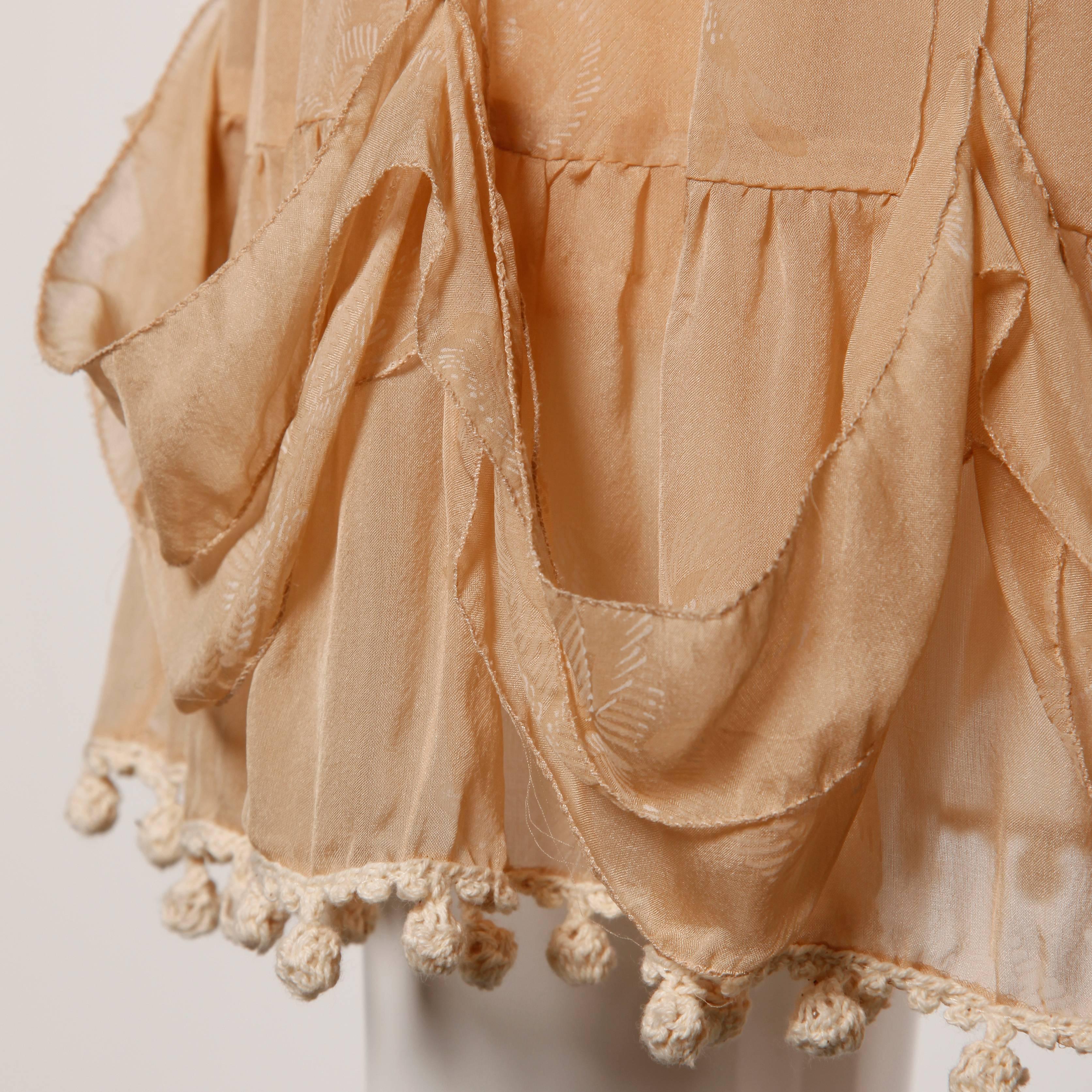 2000s Blumarine Nude Silk Skirt with Crochet + Pom Pom Detail For Sale 1