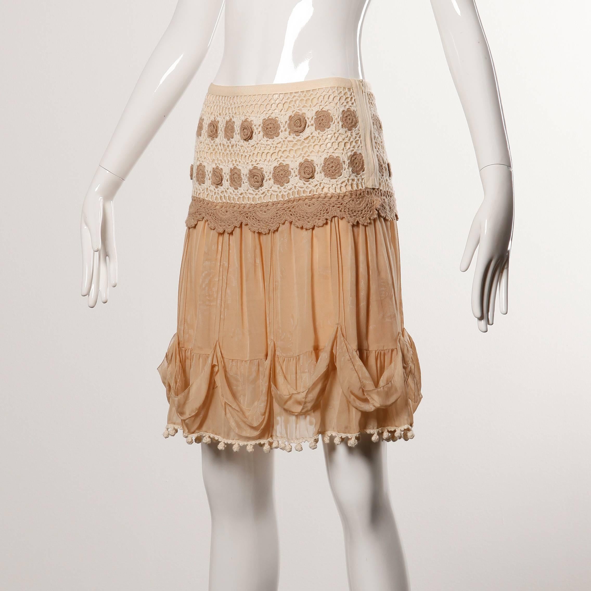 2000s Blumarine Nude Silk Skirt with Crochet + Pom Pom Detail For Sale 2