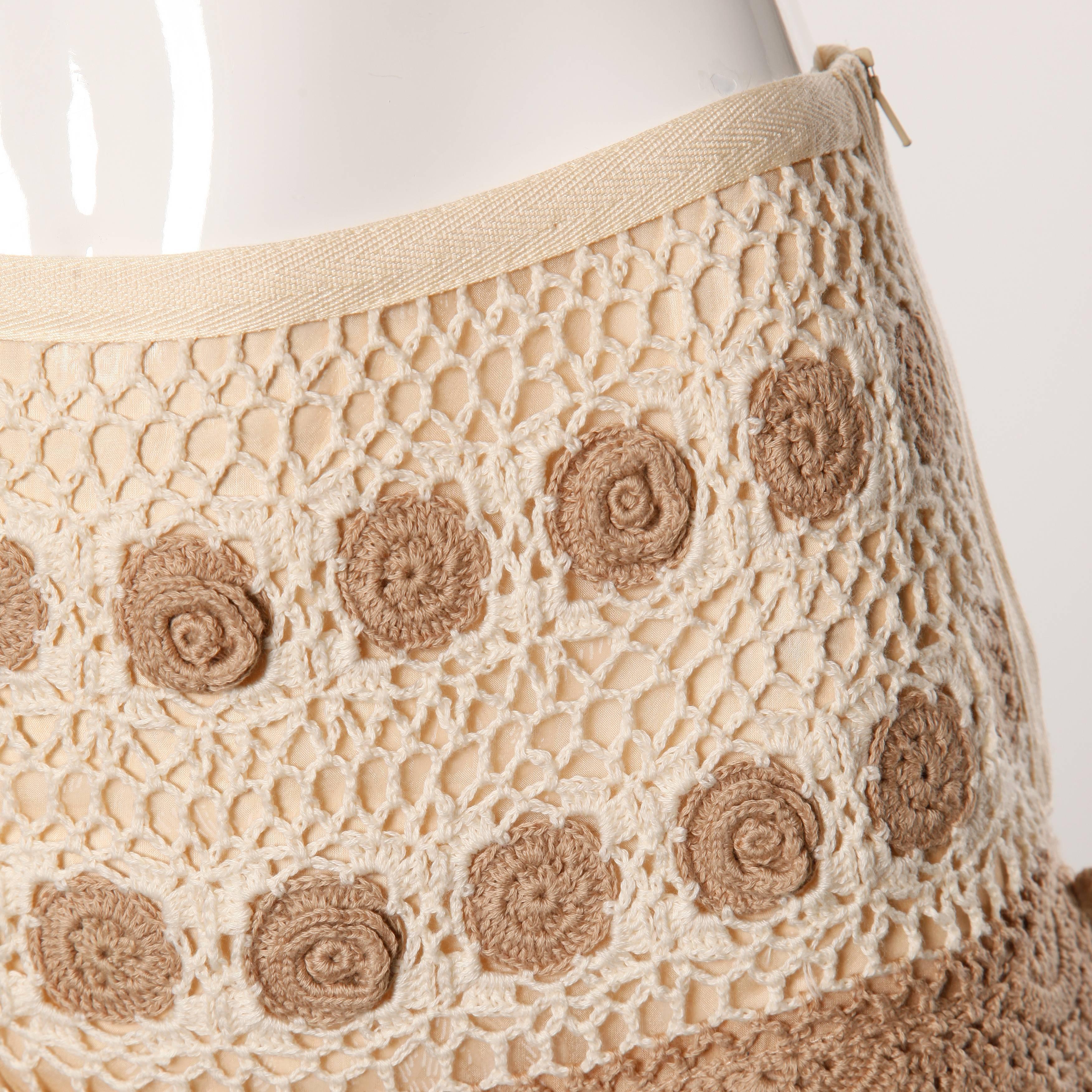 2000s Blumarine Nude Silk Skirt with Crochet + Pom Pom Detail For Sale 3