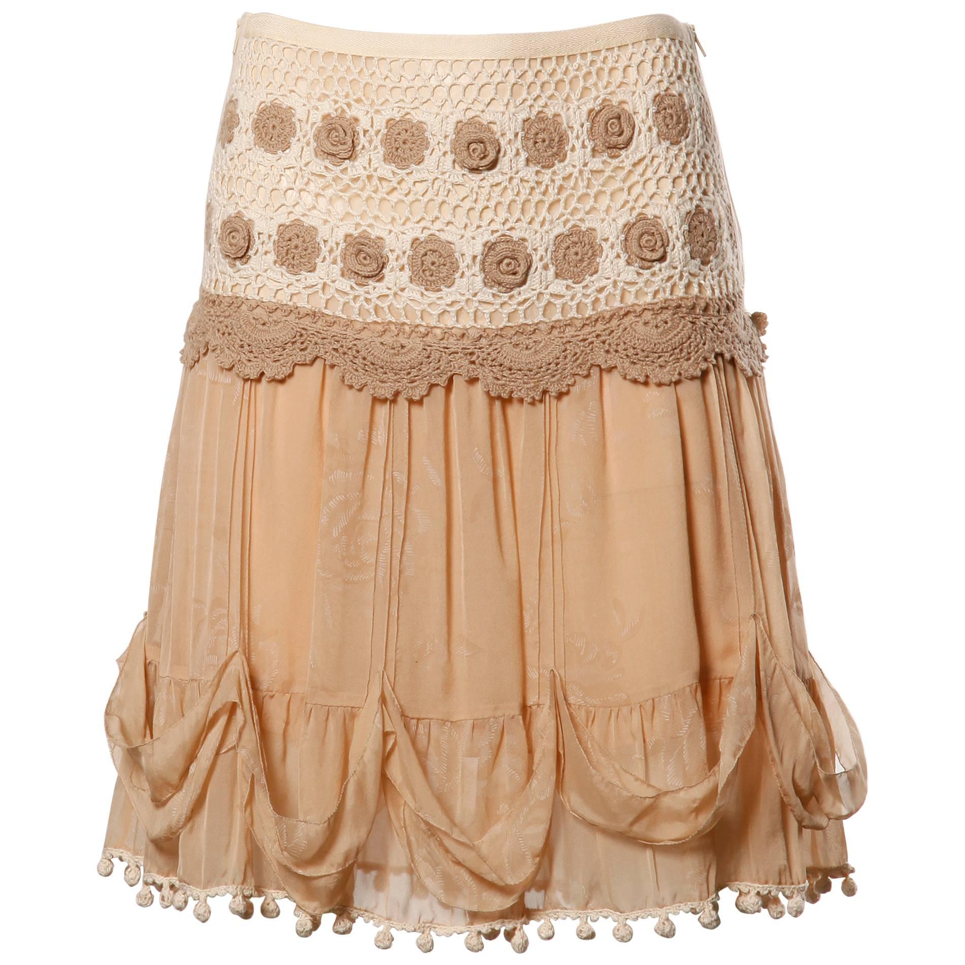 2000s Blumarine Nude Silk Skirt with Crochet + Pom Pom Detail For Sale