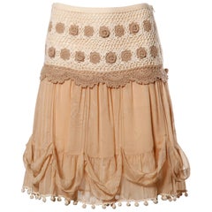 2000s Blumarine Nude Silk Skirt with Crochet + Pom Pom Detail