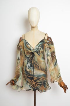 2000's Boho Vintage Seide weg von der Schulter exotischen Druck Tunika - Minikleid
