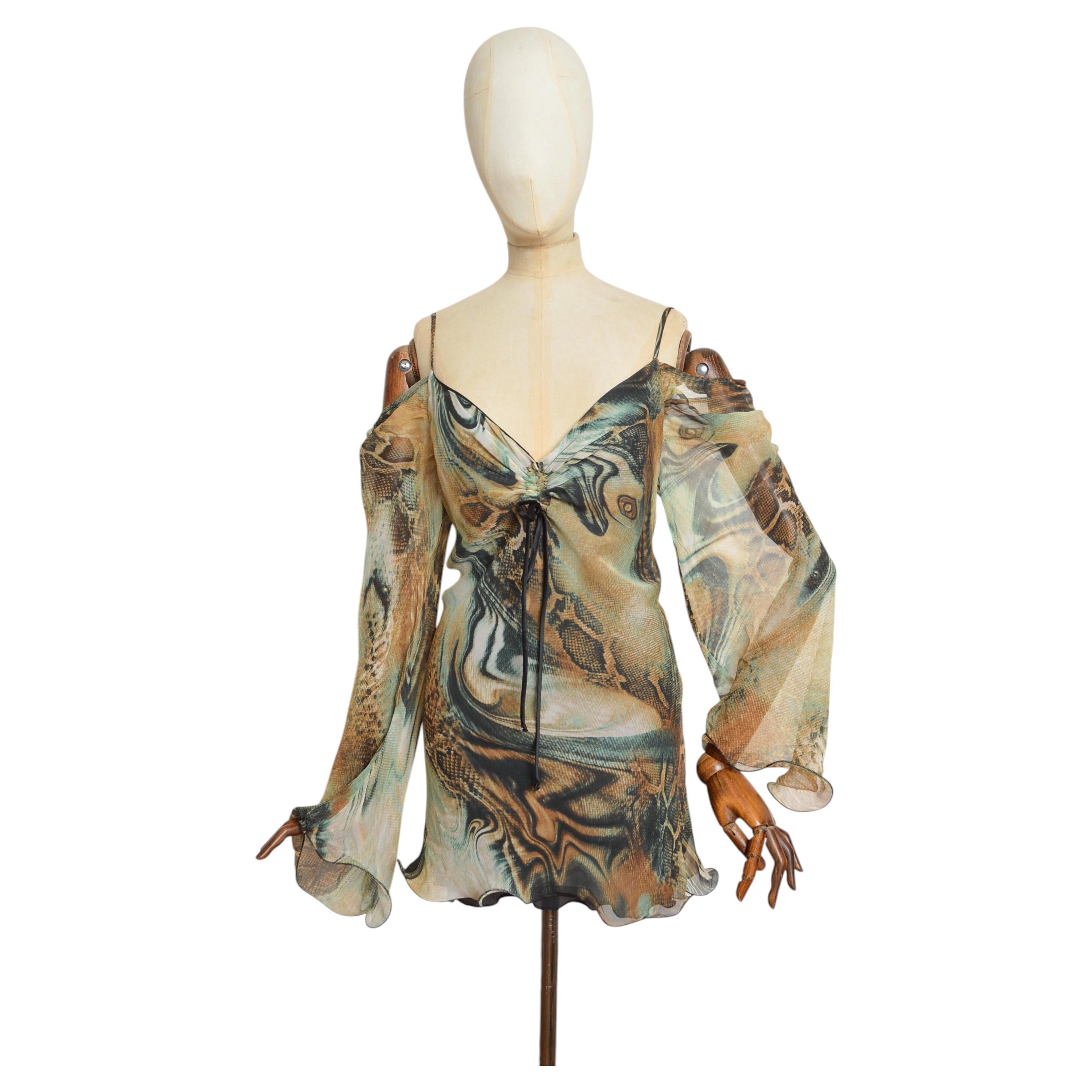 2000's Boho Vintage silk off the shoulder exotic print Tunic - Mini Dress