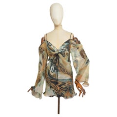 2000's Boho Vintage Seide weg von der Schulter exotischen Druck Tunika - Minikleid