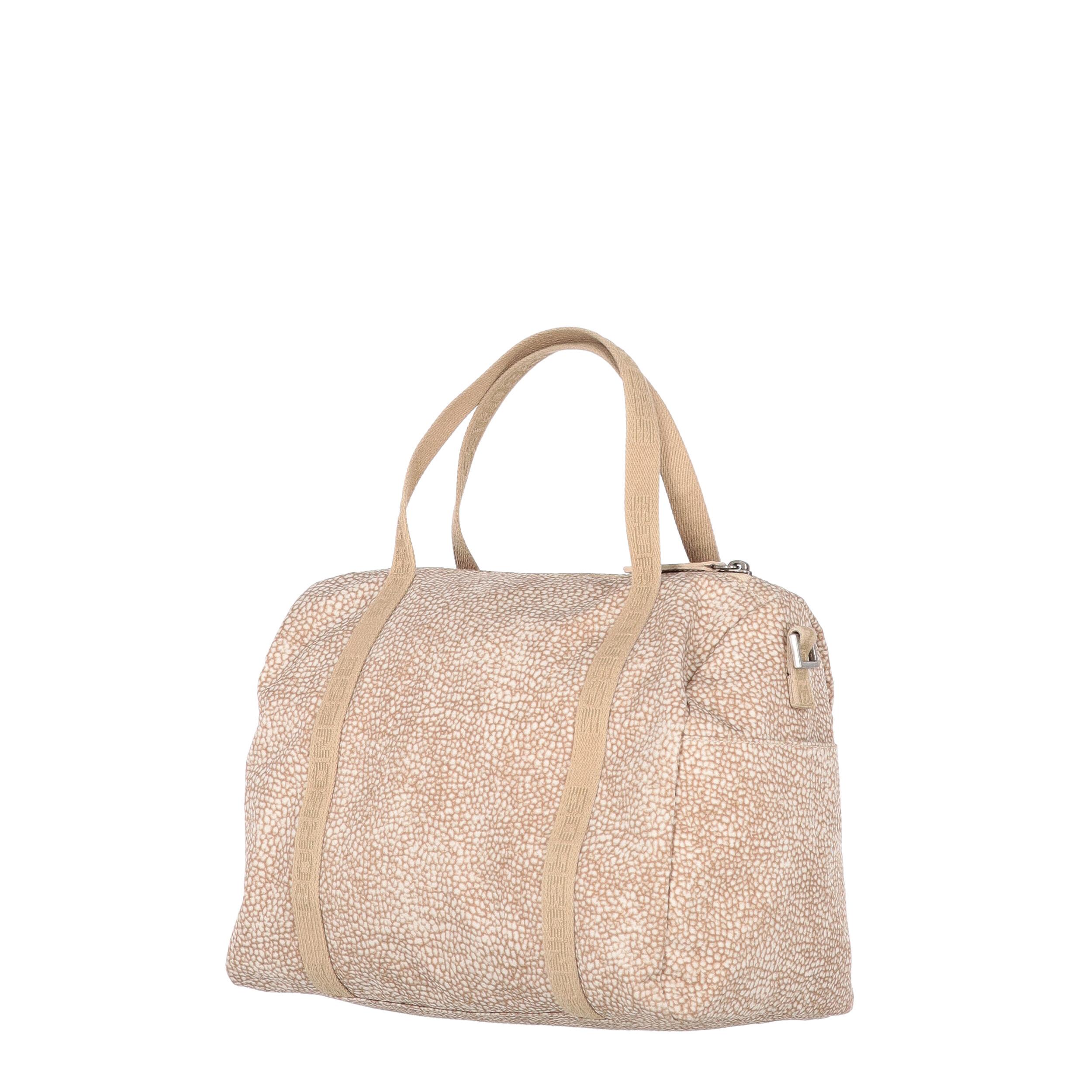 Borbonese beige jet op print fabric carry-all bag. One outer pocket, logoed cotton ribbon handles and removable shoulder strap with two snap-hooks. Zip closure with leather puller.

The product shows a small spot at the base and slight signs of wear