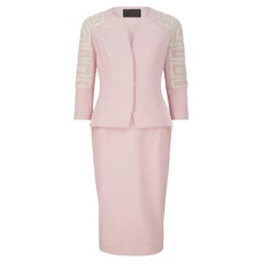 2000s Bruce Oldfield Couture Pink Skirt Suit with White Beadwork