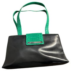2000s Bulgari Black Leather and Green Leather Shoulder Bag