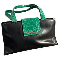 2000s Bulgari Black Leather and Green Leather Shoulder Bag