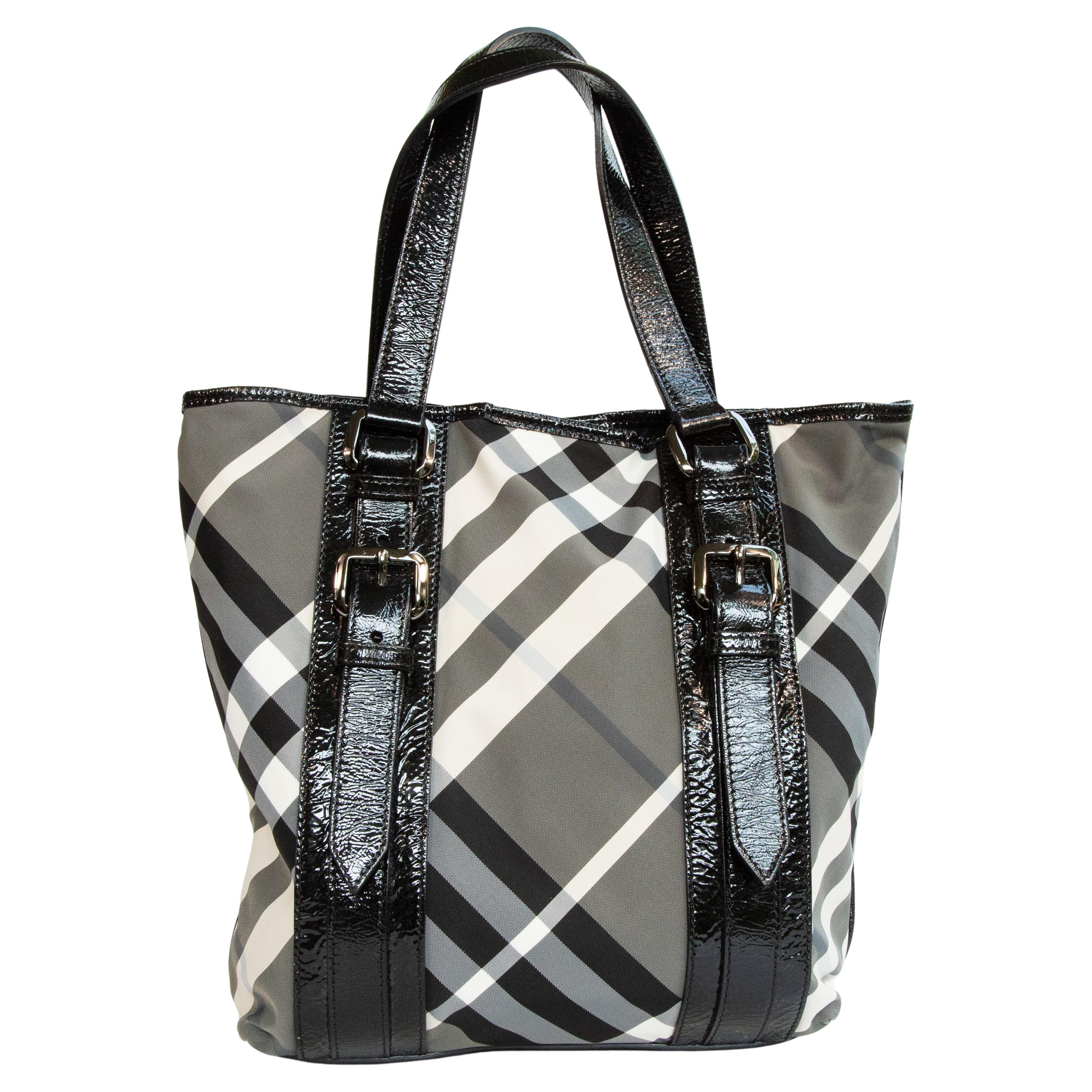 2000s Burberry Black and White Nova Check Nylon Tote Bag