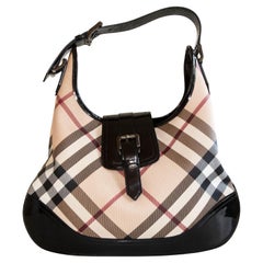 2000s Burberry Brook Nova Check PVC and Black Patent Leather Hobo Bag