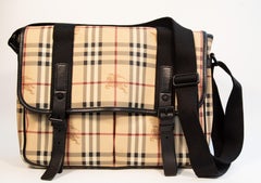 2000s Burberry Classic Check PVC and Black Leather Messenger Laptop Bag