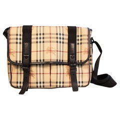 2000s Burberry Classic Check PVC and Black Leather Messenger Laptop Bag