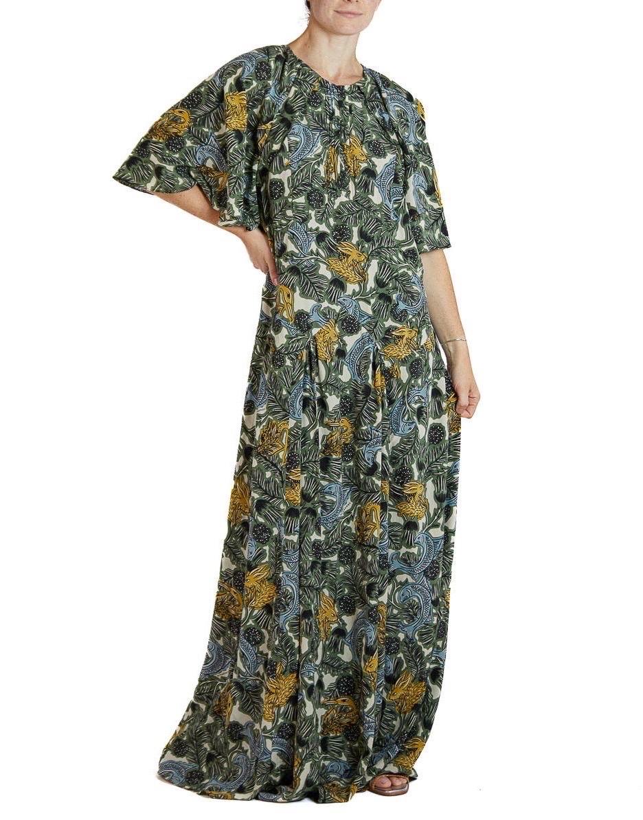 2000S BURBERRY Green & Black Silk Crepe De Chine '40S Tropical Print Dress With Animals