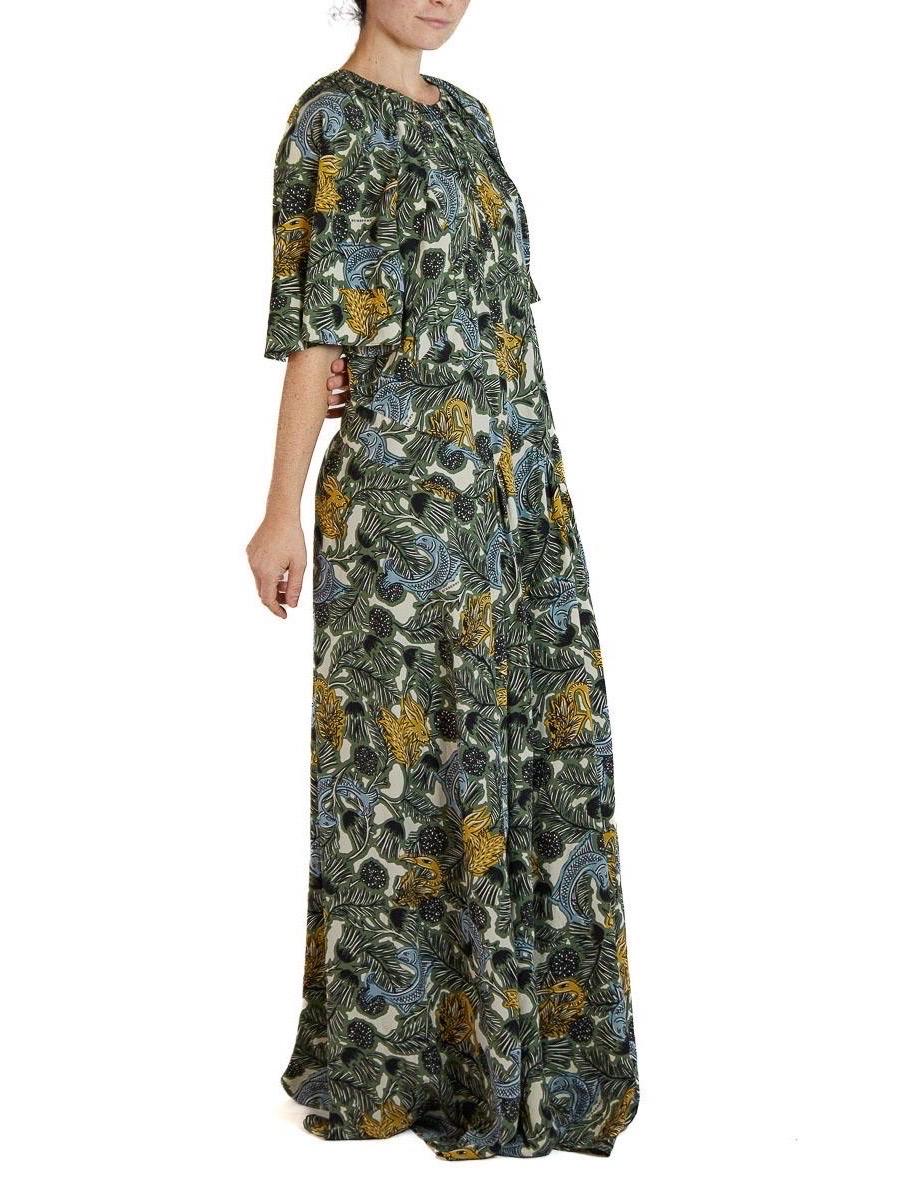 Women's 2000S BURBERRY Green & Black Silk Crepe De Chine '40S Tropical Print Dress With For Sale