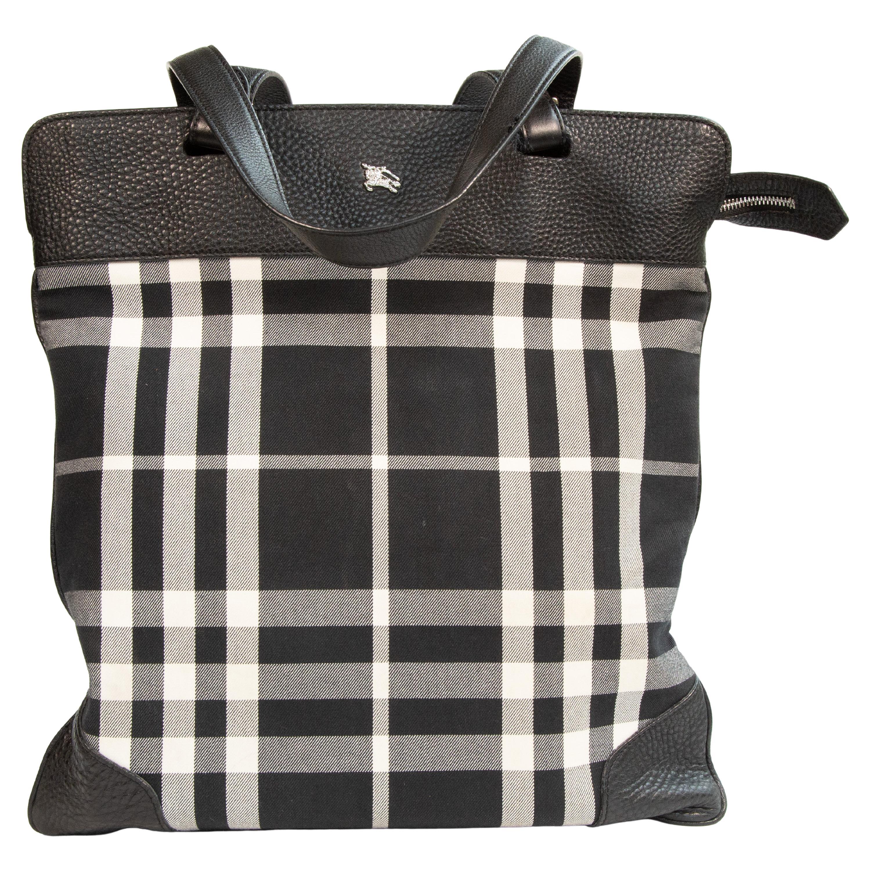 2000s Burberry Tote / Shoulder Bag in Black & White Tartan Canvas For Sale