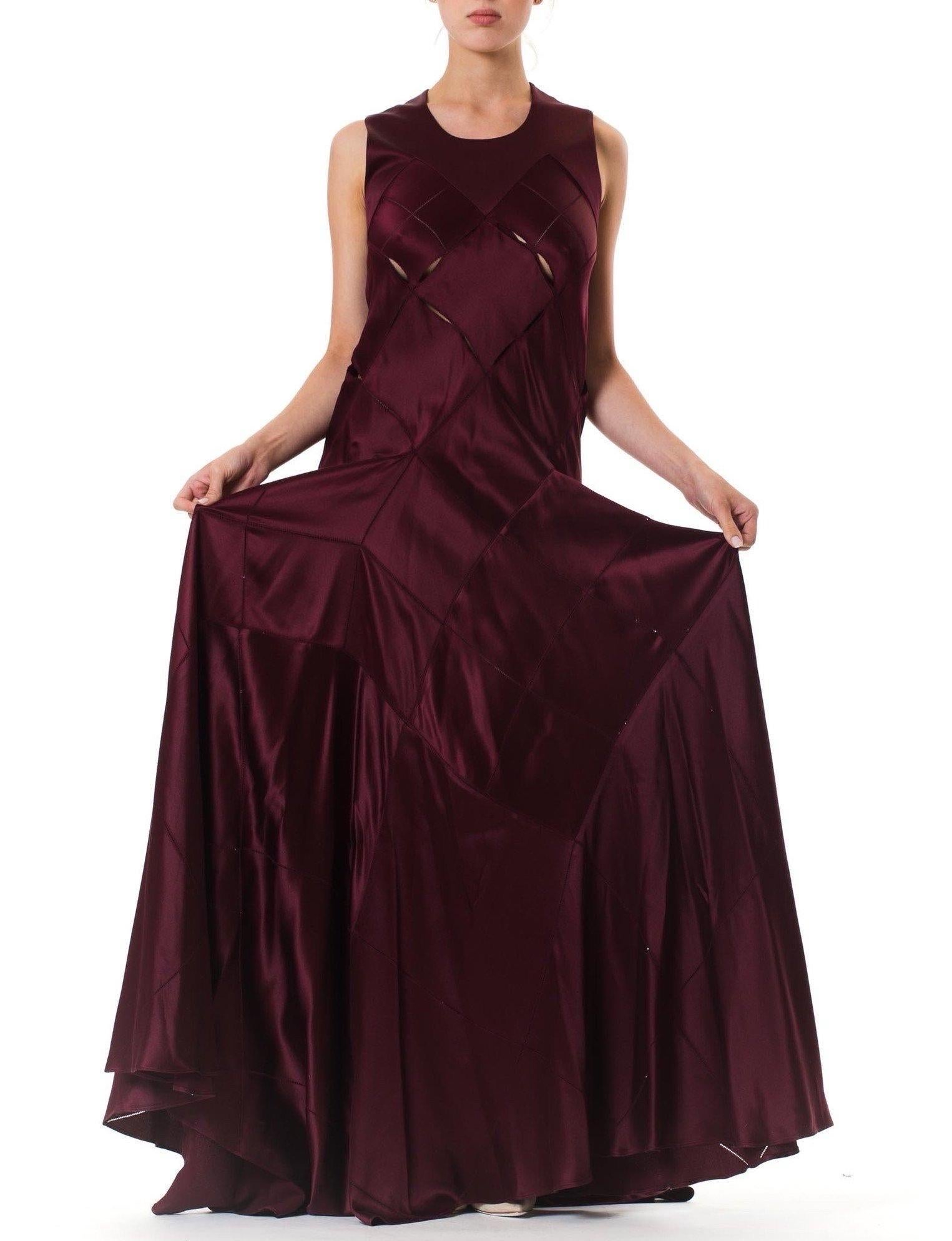 2000S CALVIN KLEIN Burgundy Bias Cut Silk Crepe Back Satin Patchwork Cut-Out Gown With Very Full Skirt