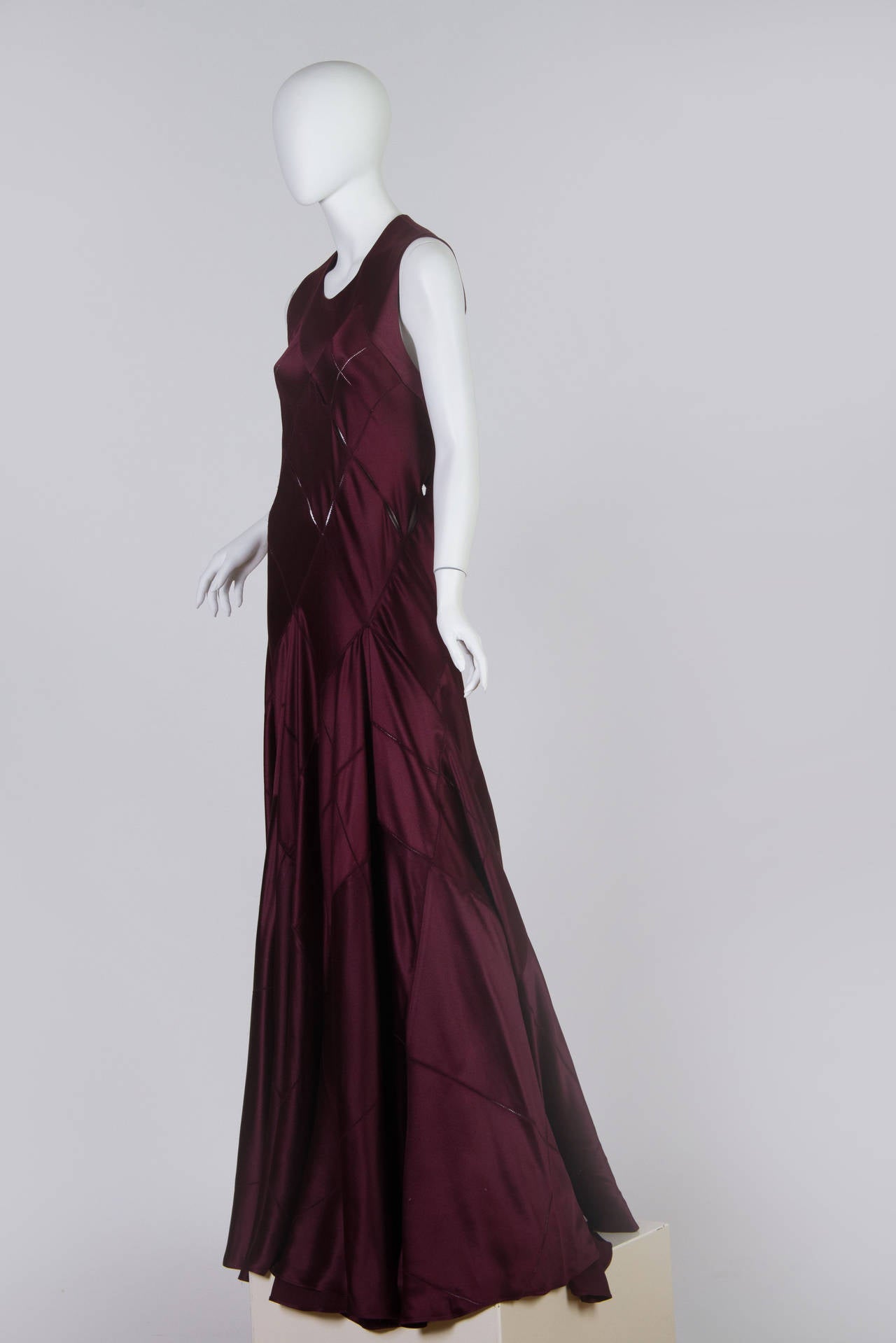 2000S CALVIN KLEIN Burgundy Bias Cut Silk Crepe Back Satin Patchwork Cut-Out Gown With Very Full Skirt