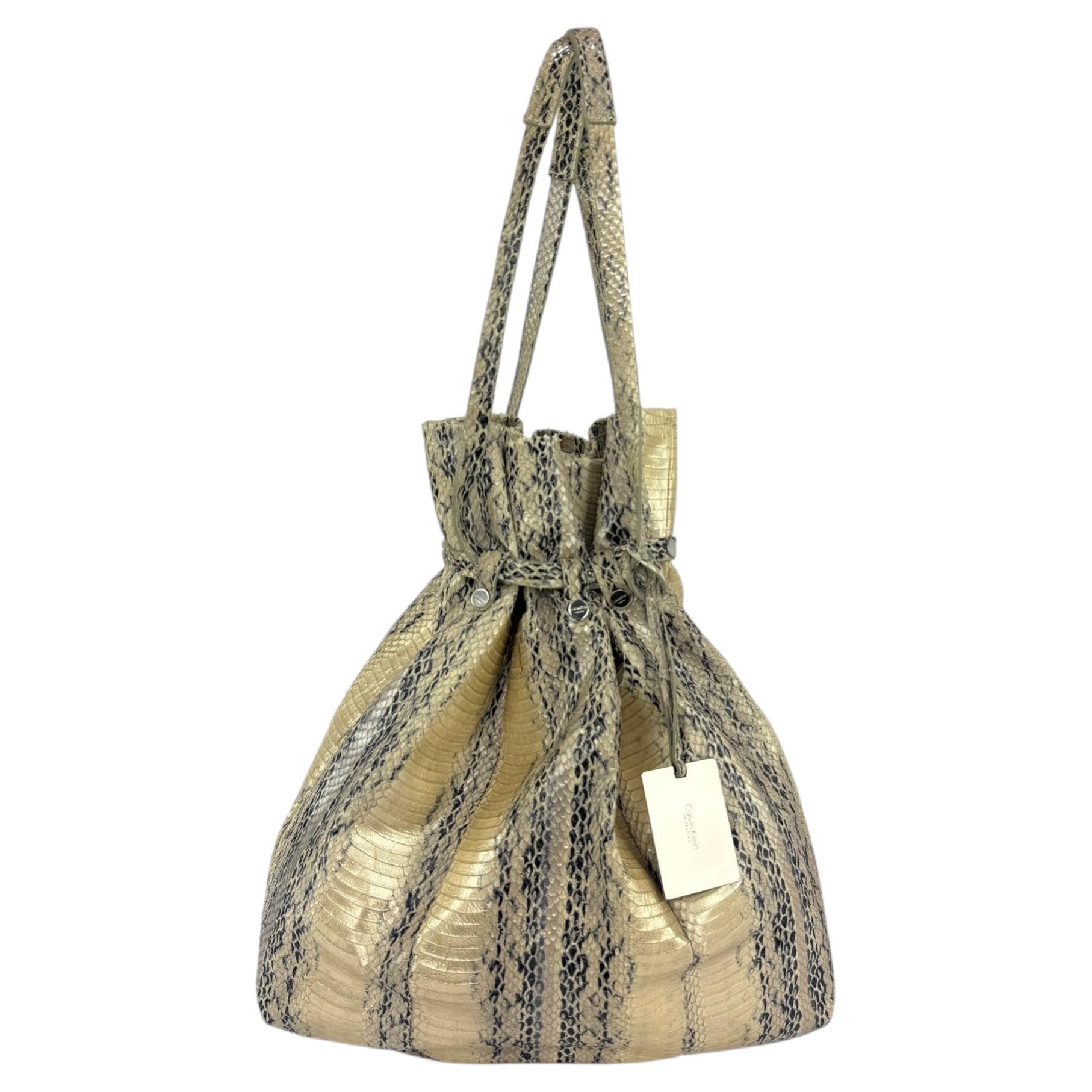 2000s Calvin Klein Collection Genuine Python Champagne Metallic XL Bucket Bag For Sale