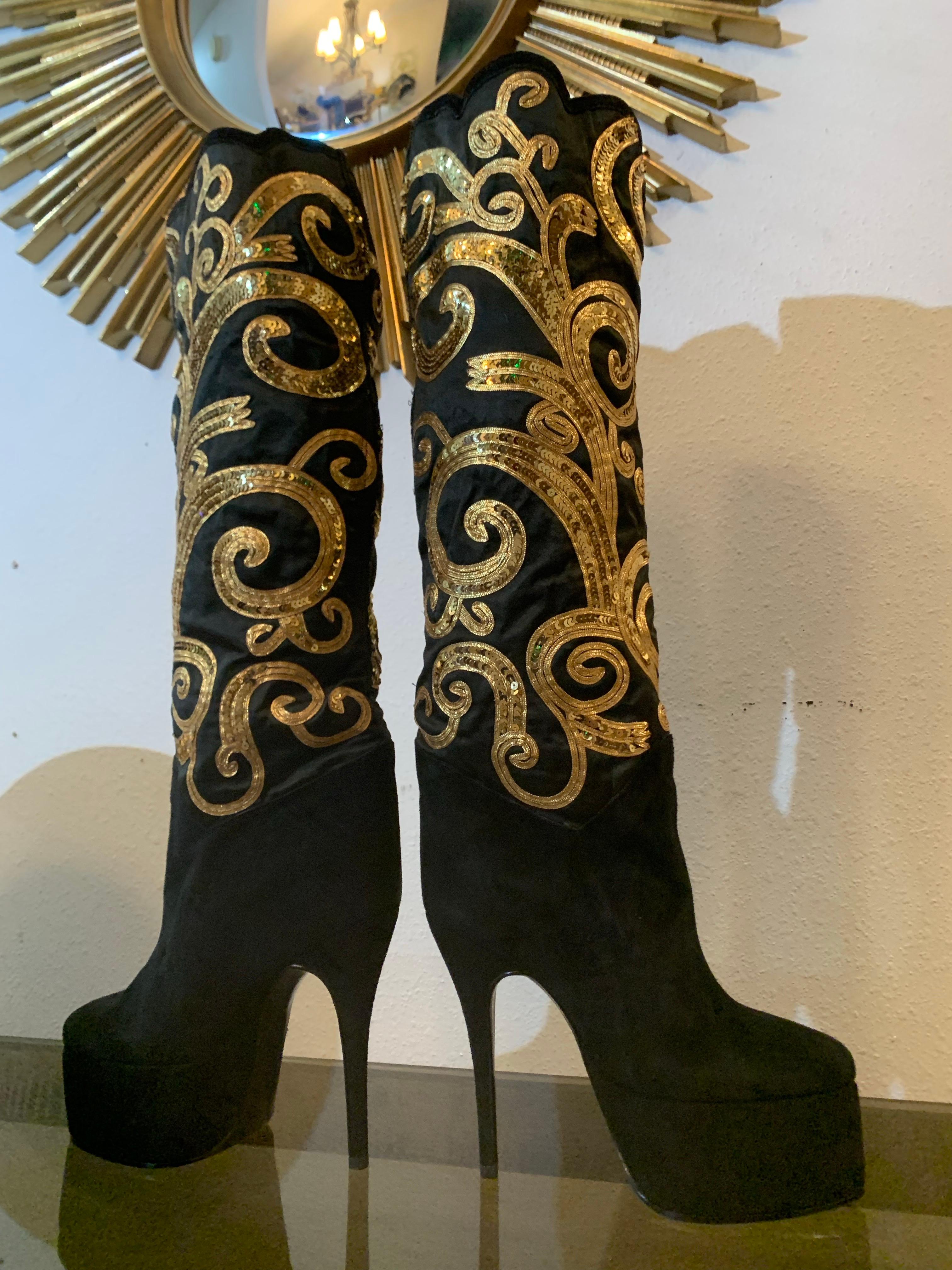 2000s Caparros Black & Gold Stiletto Platform Suede Knee Boots w Gold Sequin Scroll-Work:  These fabulous and saucy bespoke boots make a bold statement with their 5