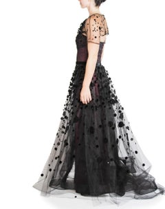 2000S Carolina Herrera Black & Burgundy Silk Beaded Tulle Strapless Ball Gown W