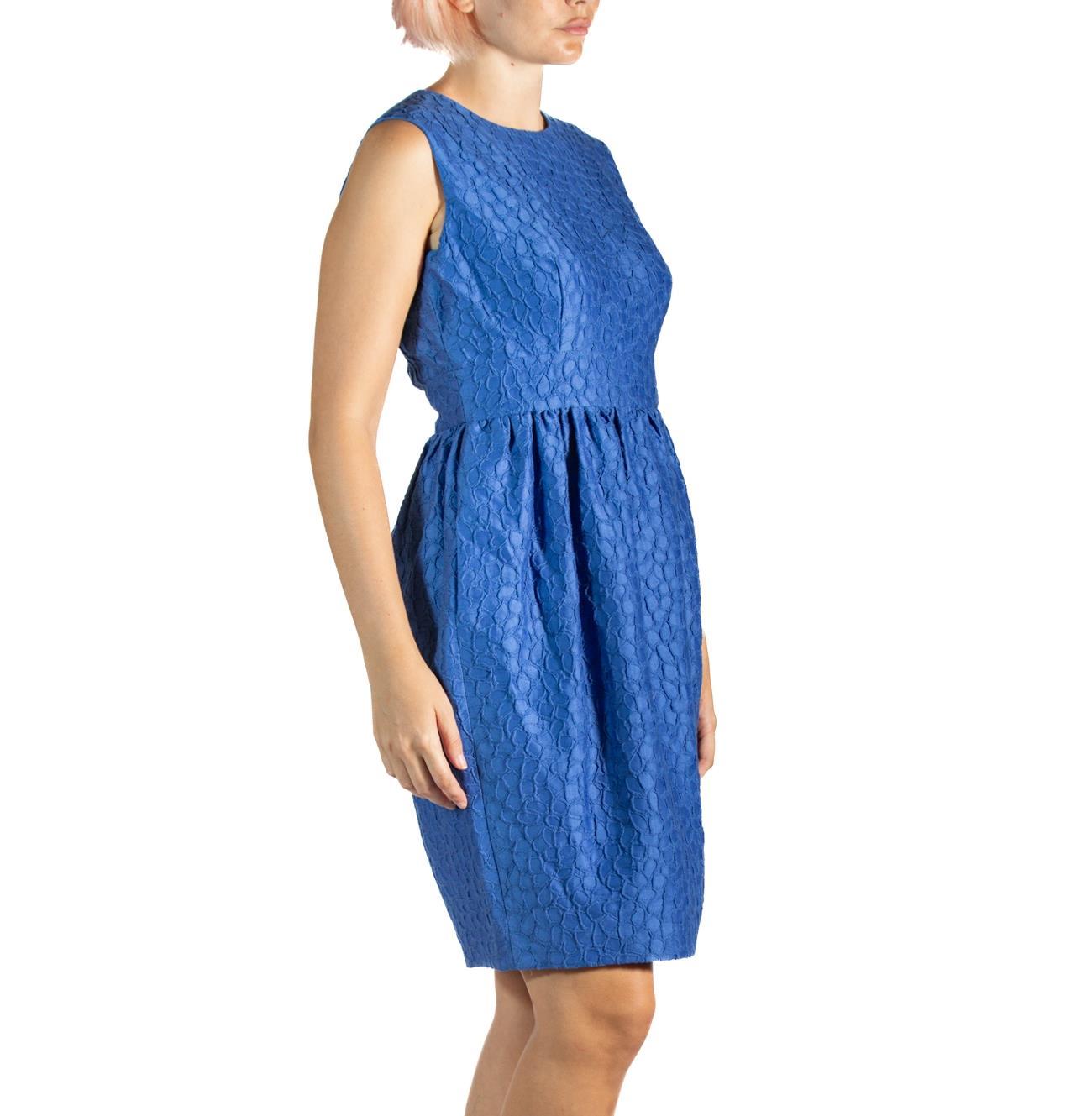 2000S Carolina Herrera Blue Silk Blend Jacquard Dress In Excellent Condition For Sale In New York, NY