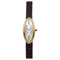 2000s Cartier Baignoire Allongee 2605 18K YG Silvered Guilloche Dial Quartz 21mm