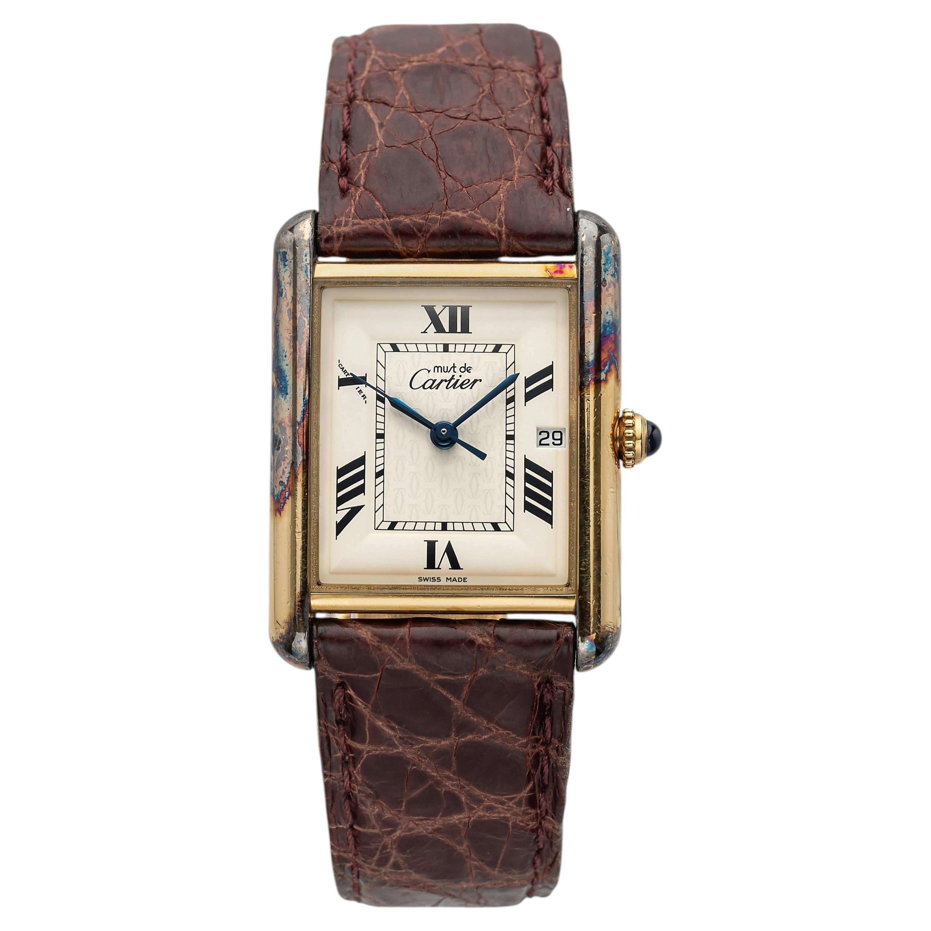 2000s Cartier Must Tank 2413 Vermeil White Roman Dial Quartz 26mm For Sale