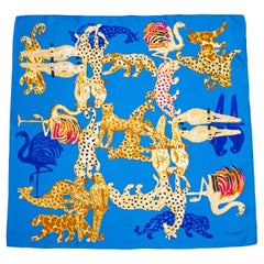 2000s Cartier Panthère Menagerie Blue Silk Scarf 