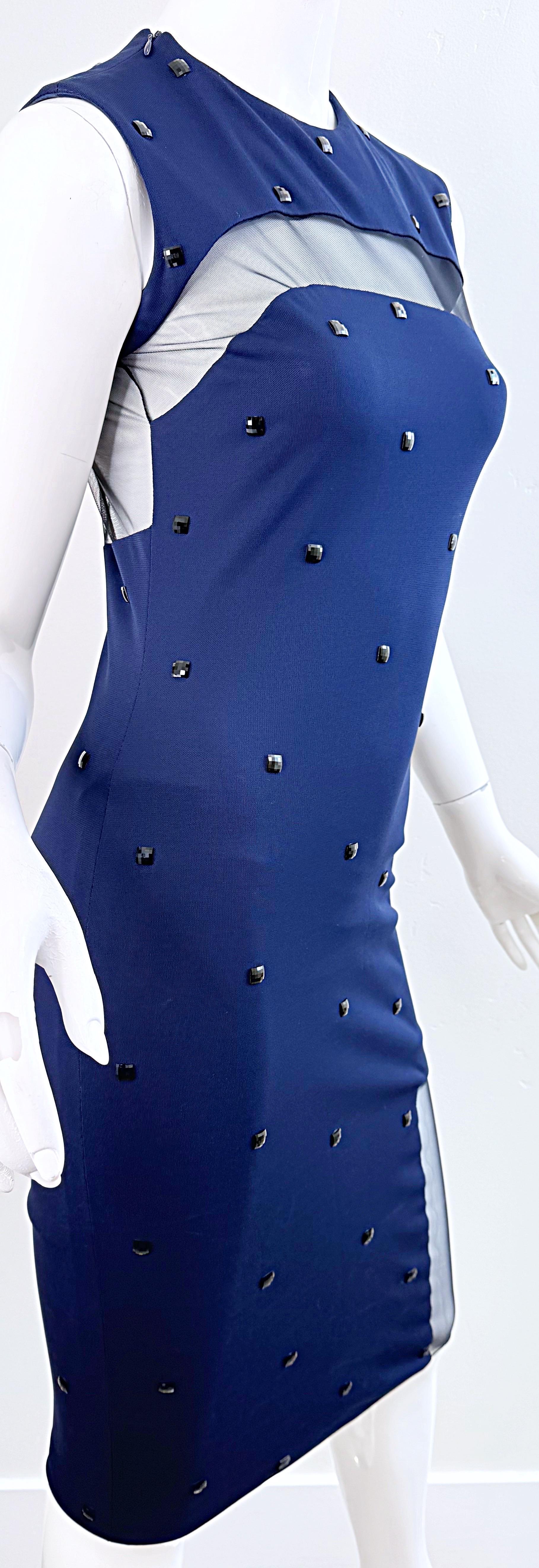 2000s CD GREENE Navy Blue Sheer Panel Bodycon Dress with Crystal Embellishments For Sale 8