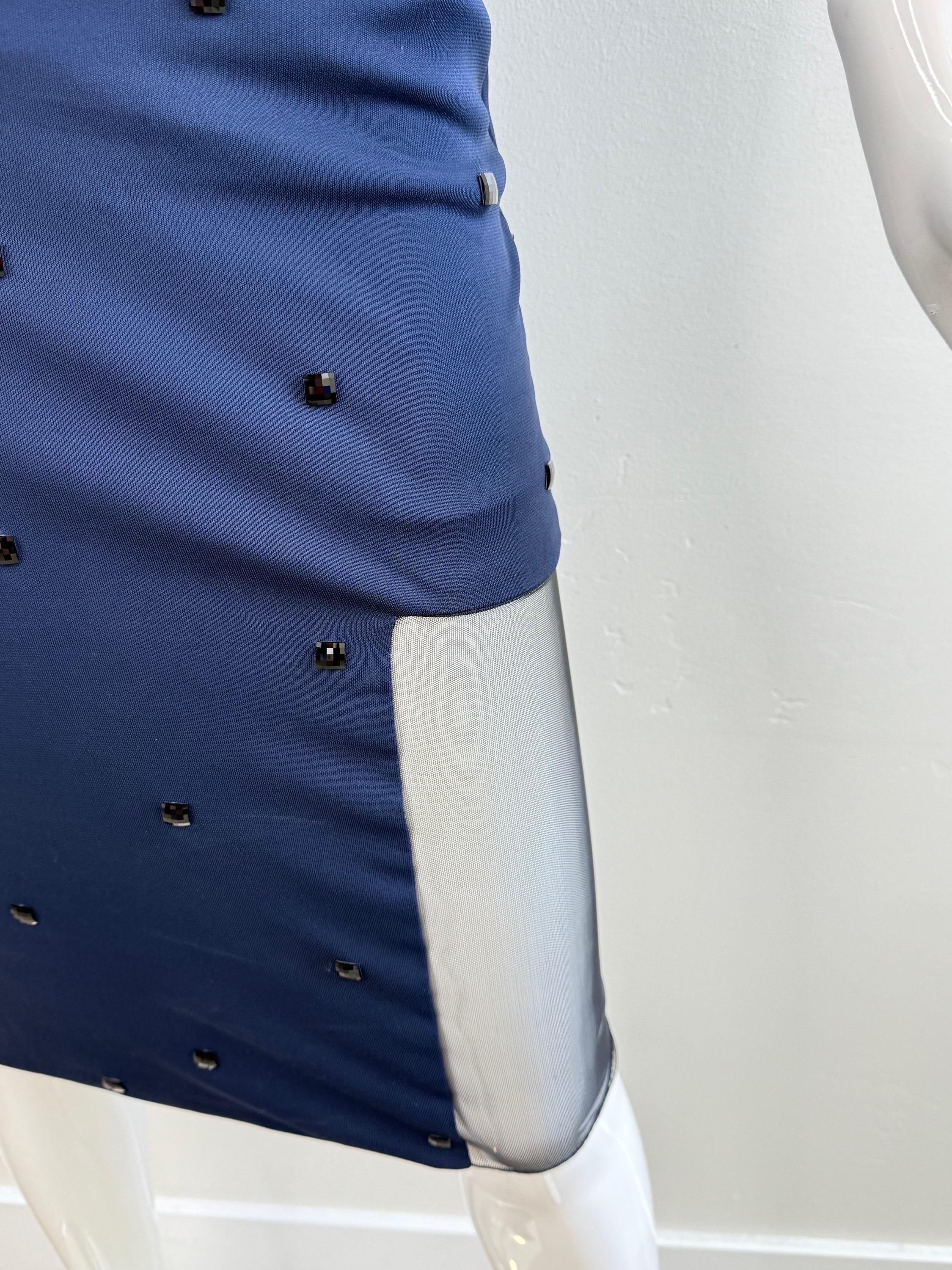 2000s CD GREENE Navy Blue Sheer Panel Bodycon Dress with Crystal Embellishments For Sale 9