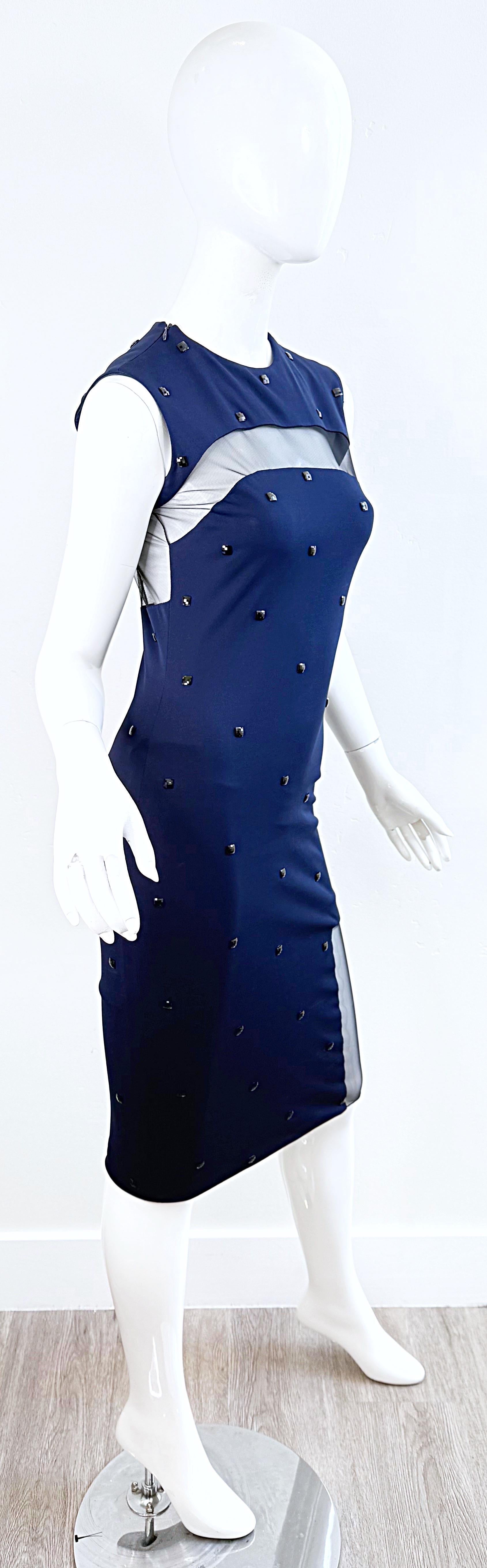 Women's 2000s CD GREENE Navy Blue Sheer Panel Bodycon Dress with Crystal Embellishments For Sale