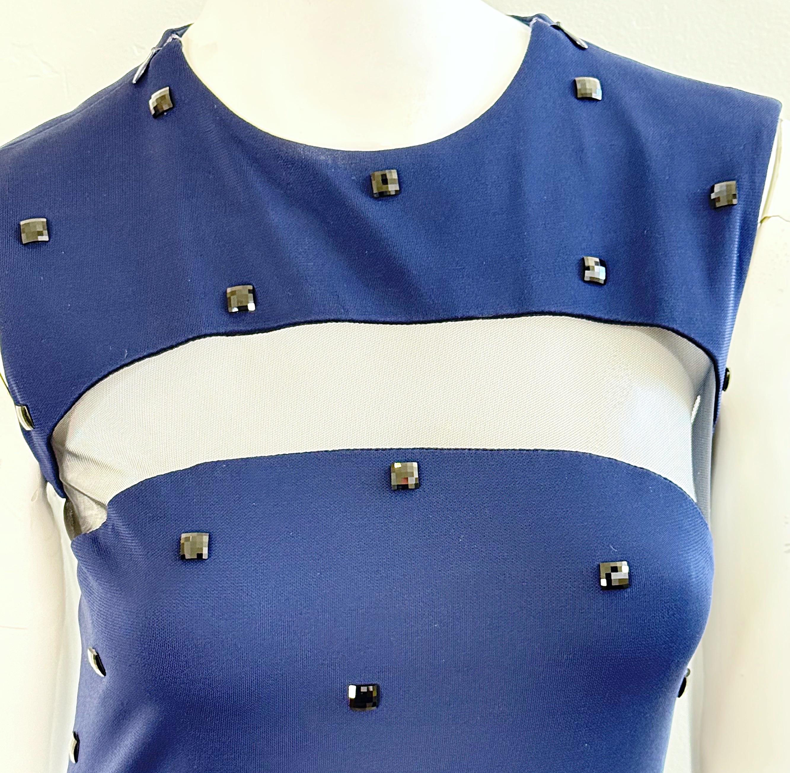 2000s CD GREENE Navy Blue Sheer Panel Bodycon Dress with Crystal Embellishments For Sale 1