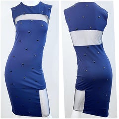 2000s CD GREENE Navy Blue Sheer Panel Bodycon Dress with Crystal Embellishments