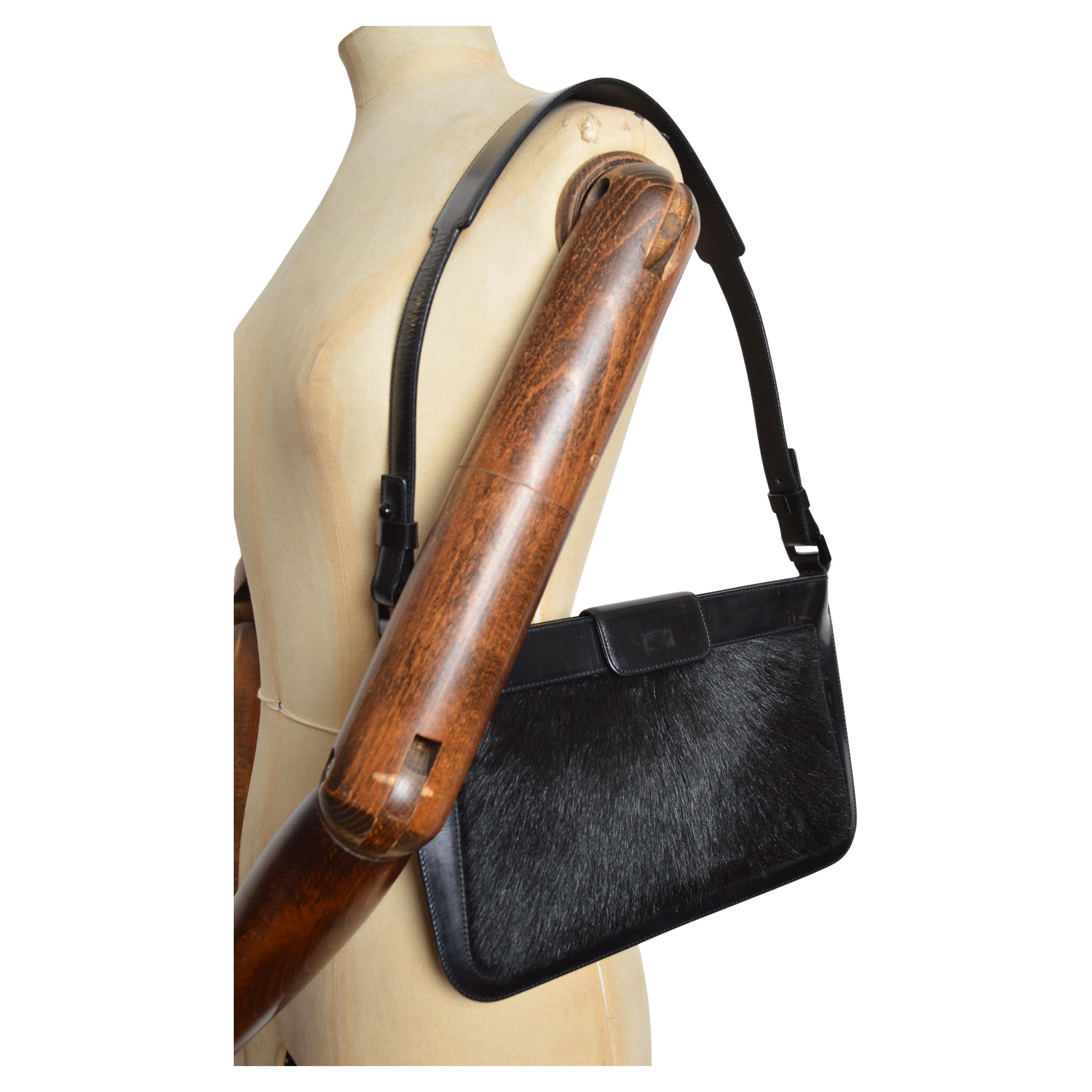 2000’s CELINE Black Pony Fur 
Leather Minimalist Technical Shoulder Bag