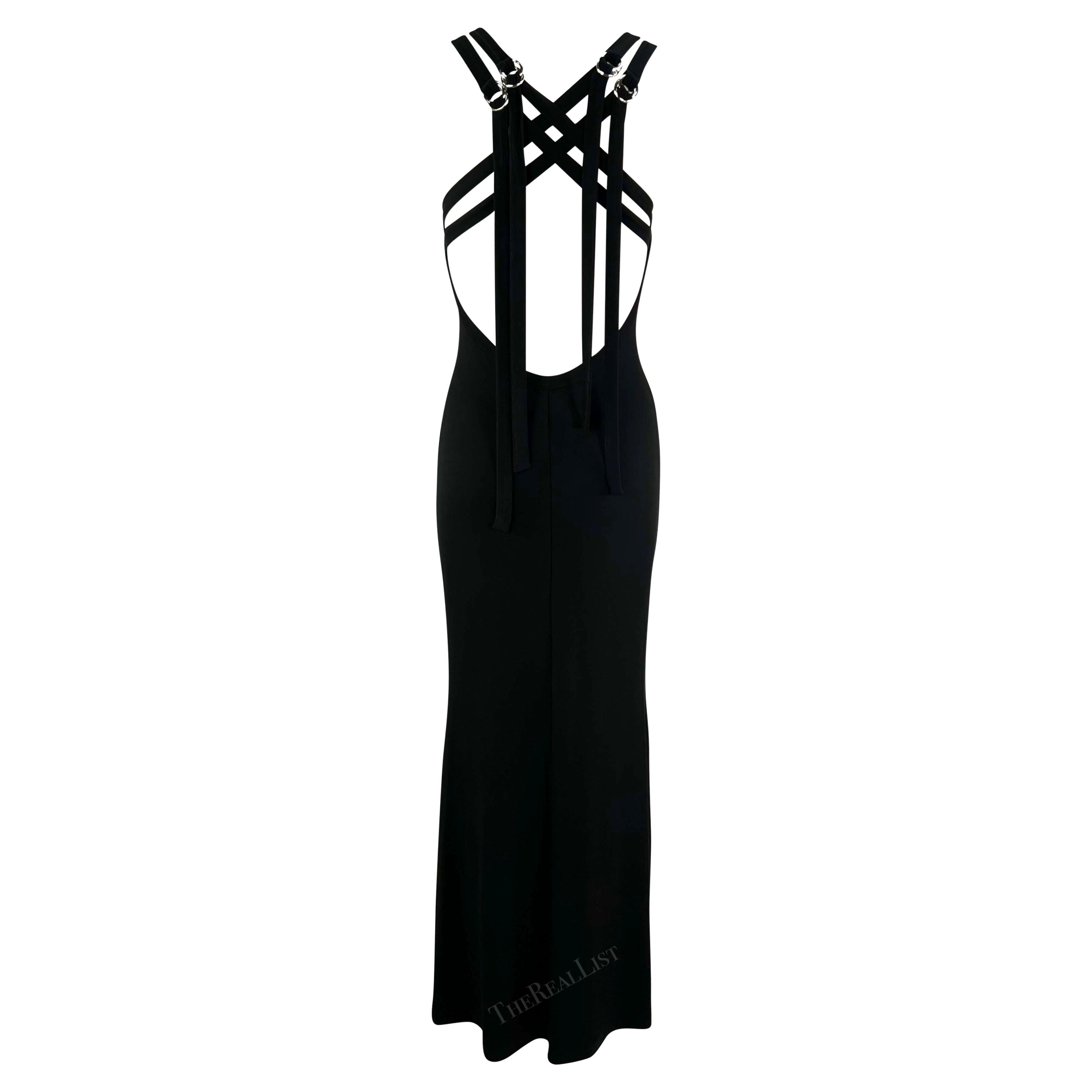2000s Celine Black Stretchy Backless Bondage-Inspired Strap Gown For Sale