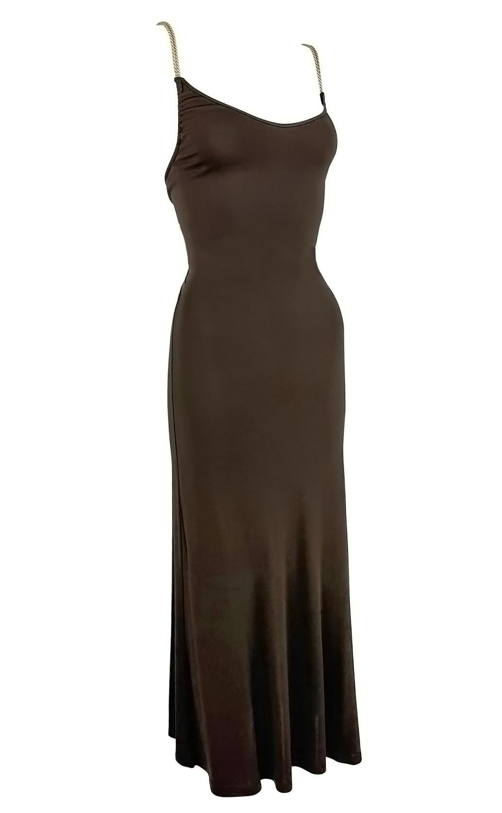 2000s Celine by Michael Kors Brown Bodycon Logo Ring Gold Strap Backless Dress In Excellent Condition In West Hollywood, CA