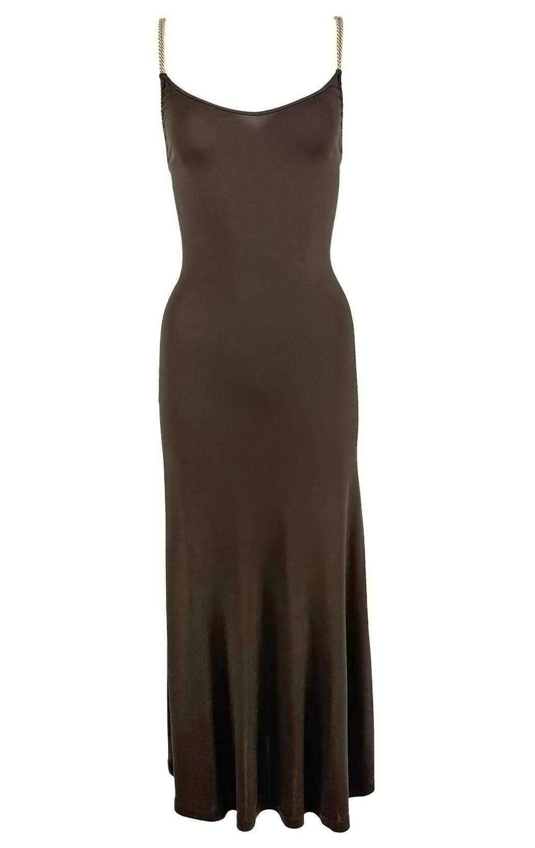 Women's 2000s Celine by Michael Kors Brown Bodycon Logo Ring Gold Strap Backless Dress