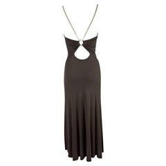 2000s Celine by Michael Kors Brown Bodycon Logo Ring Gold Strap Backless Dress